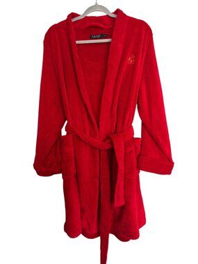 Lauren Ralph Lauren Womens Red Fleece Robe With Belt Pockets & Crest Logo XL